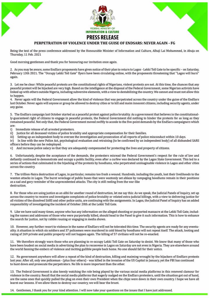 Press Release - FG Frowns at Proposed EndSARS protest