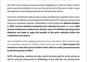 BUA Cement reduces ex-factory cement prices to N3,500/bag effective October 2, 2023.