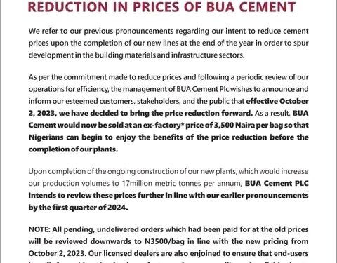 BUA Cement reduces ex-factory cement prices to N3,500/bag effective October 2, 2023.