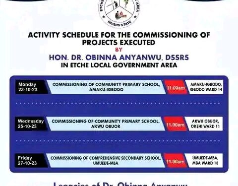 Dr. Obinna Anyanwu to Begin another round of Projects Commissioning in Etche Local Government Area