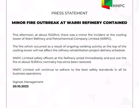 MINOR FIRE OUTBREAK AT WARRI REFINERY CONTAINED
