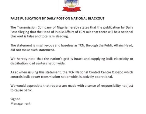 PRESS STATEMENT: FALSE PUBLICATION BY DAILY POST ON NATIONAL BLACKOUT