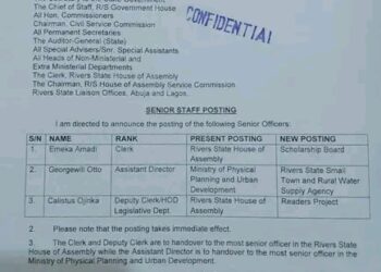 RIVERS STATE GOVERNMENT EFFECTS NEW POSTINGS IN RIVERS CIVIL SERVICE