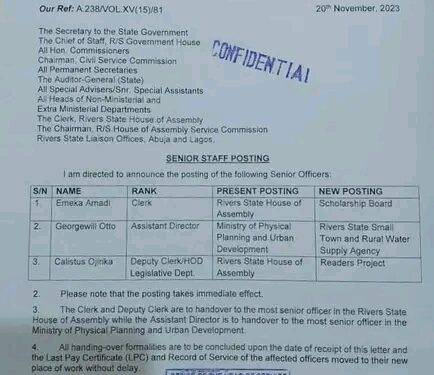 RIVERS STATE GOVERNMENT EFFECTS NEW POSTINGS IN RIVERS CIVIL SERVICE