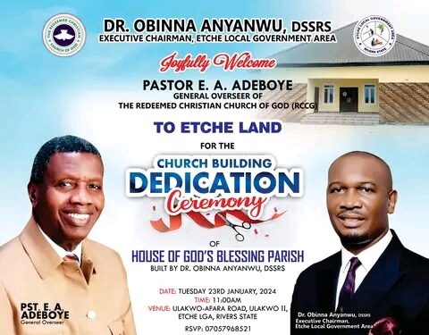 Etche: Pastor Adeboye to Commission Church Building Built by Obinna Anyanwa