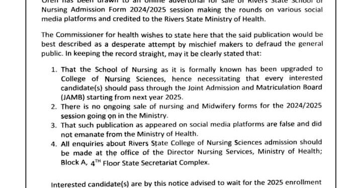 Rivers Health Ministry Denies Ongoing Sale of Nursing and Midwifery Forms For 2024/2025 Session