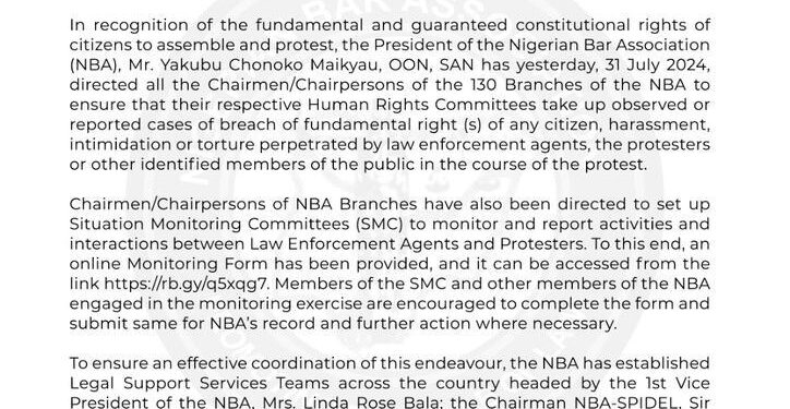 NATIONWIDE PROTEST: NBA SETS UP PRO BONO LEGAL SUPPORT SERVICES FOR PROTESTERS, DIRECTS BRANCHES TO MONITOR PROTEST