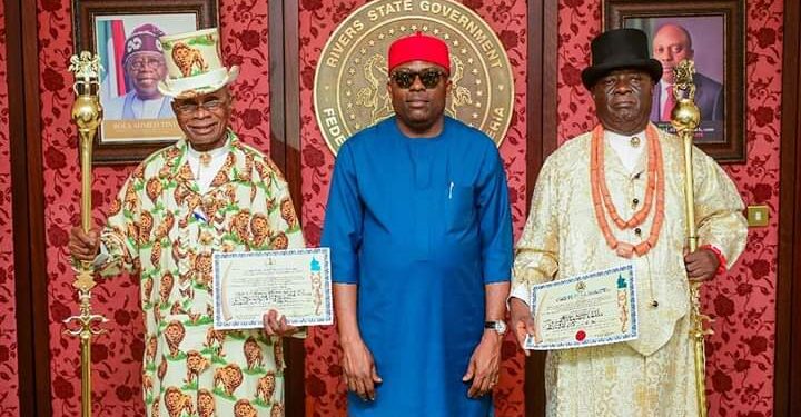 Gov Fubara Presents Staff of Office to Two First Class Traditional Rulers