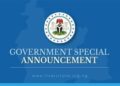GOVERNMENT SPECIAL ANNOUNCEMENT